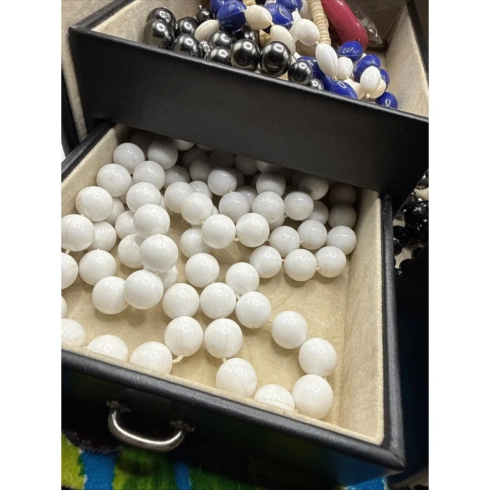 Vintage Jewelry Box Lot: Box, Necklaces, Bracelets, Rings, Earrings